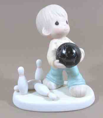 Precious Moments Lord, Spare Me Boy w/Bowling Ball & Pins Figurine 1996  #521191