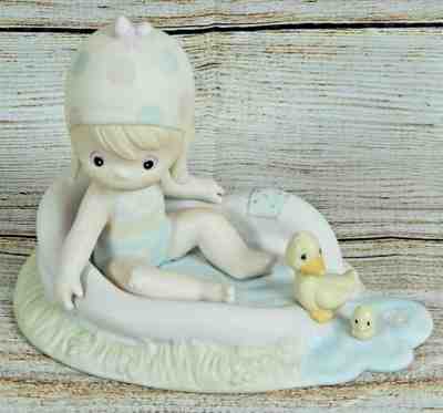 Precious Moments “August” Girl In Pool With Ducks Summertime Fun 1992 Porcelain