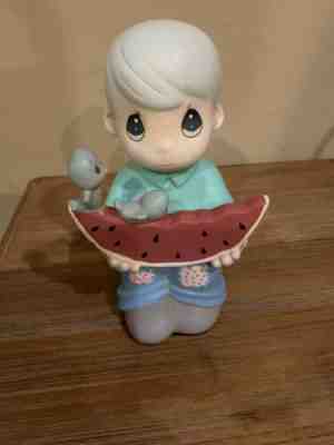 Collectible PRECIOUS MOMENTS Boy Eating Watermelon W/2 Blue Birds Garden Statue 