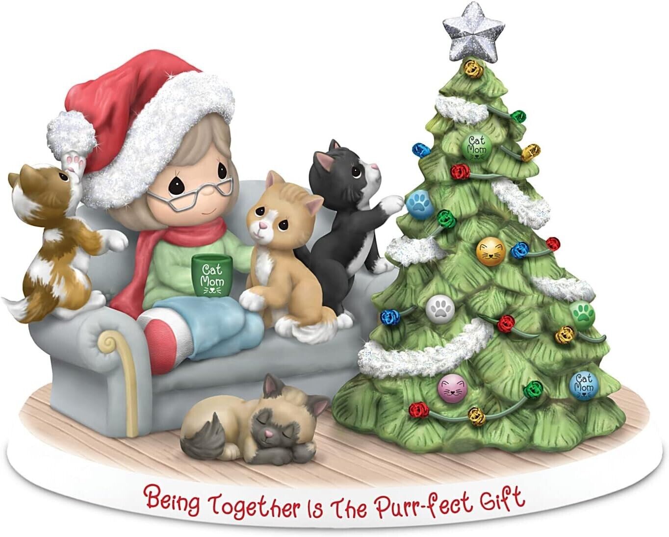 Precious Moments Holiday Cat Mom Lighted Porcelain Figurine