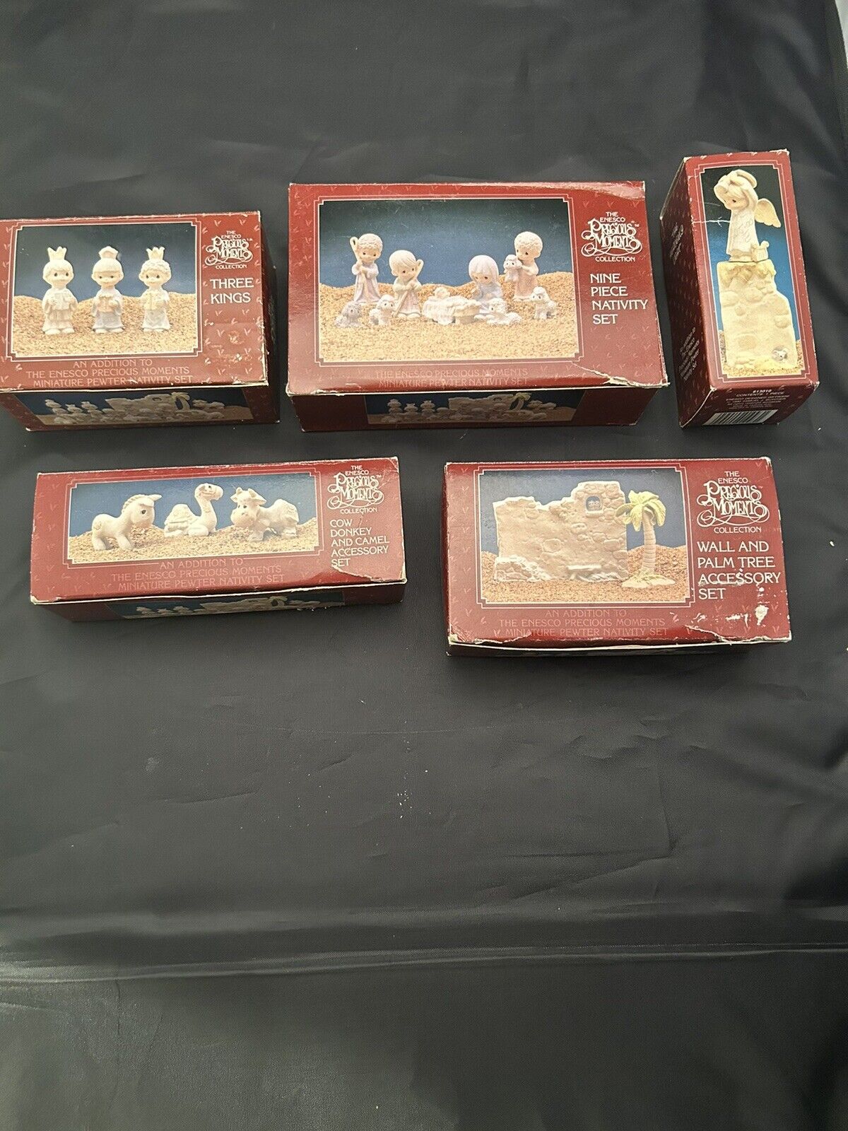 Precious Moments Miniature Nativity Set Pewter 18 Piece 1989 Enesco Vintage