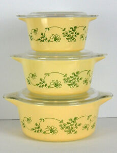 Vtg Pyrex Shenandoah Pattern 3 Piece Casserole Dish Set With Lids