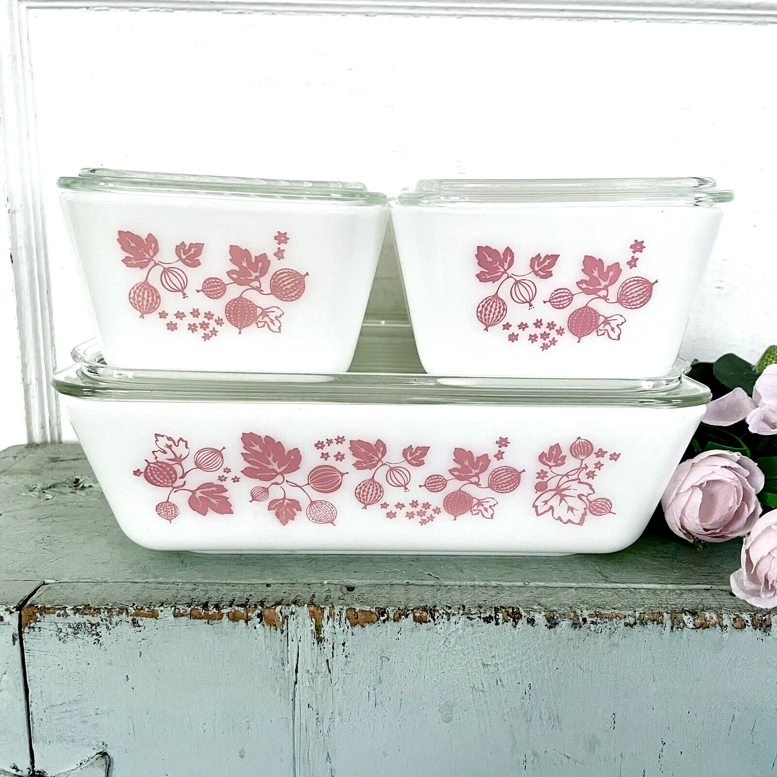 Vintage Pyrex Pink Gooseberry Refrigerator 4 Piece Set + Lids 501 502 503