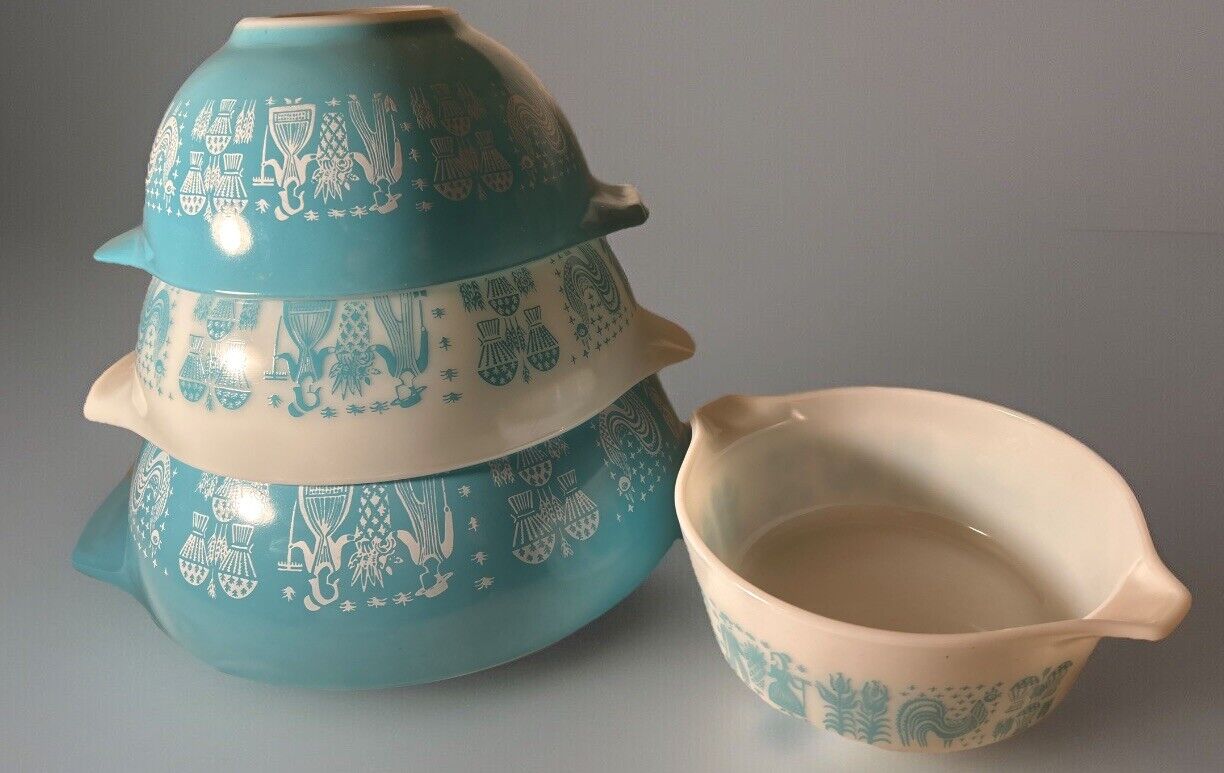 Vintage Pyrex Amish Butterprint Turquoise Cinderella Bowls Set 441 442 443 472
