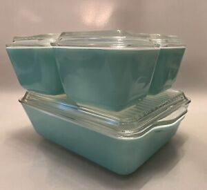 Full Set Turquoise Pyrex Fridgies Refrigerator Dishes Vintage 50s Blue 4 W/lids
