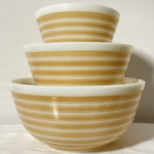 Vintage Pyrex Rainbow Stripe All Tan (Sandalwood) Mixing Bowls 401 402 403 HTF