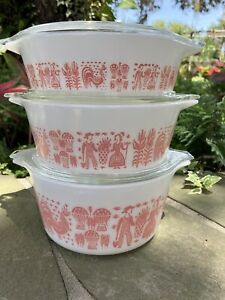 Rare Vintage Pyrex Pink Butterprint Set 3 Amish Dish Bowl Casserole 473 472 471
