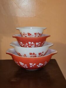 HTF Vintage JAJ Pyrex Coral Red Gooseberry Complete Cinderella Bowl Set of 4
