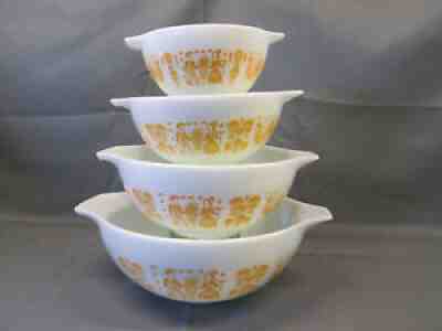Set 4 PYREX Mixing Bowls Cinderella ORANGE PUMPKIN BUTTERPRINT Vintage Nesting