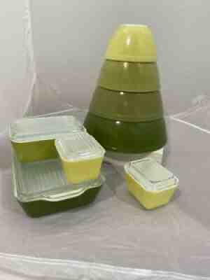 Vintage Pyrex Verde Mixing Bowls Refrigerator dishes olive avocado green yellow