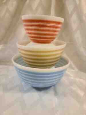 Rare Set of Vintage Pyrex Rainbow Stripes Bowls 403,402,401 Blue, Tan and Pink