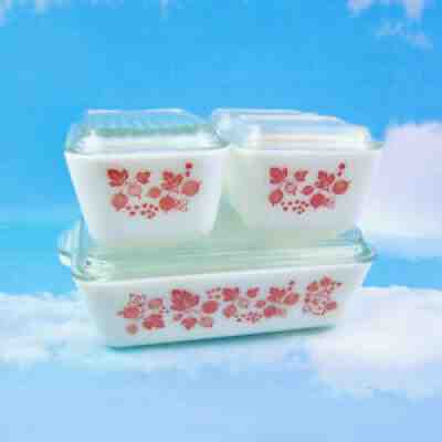 VTG Pyrex Pink Gooseberry Fridge Set COMPLETE w/Lids refrigerator fridgie 1950s