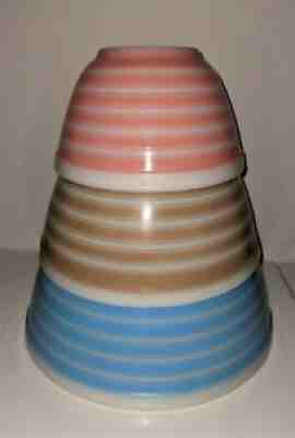 Vintage Pyrex Striped Mixing Nesting Bowls 401 402 403 Pink Tan Blue