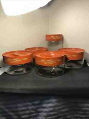 5 Vintage Pyrex Store-N-See Glass Canister Set Rust Autumn Harvest Wheat Pattern