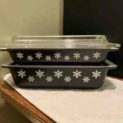 Vtg Pyrex 575-B 2 QT & 548-B 1 1/4 QT Black Snowflake Dishes W/glass & Metal Lid