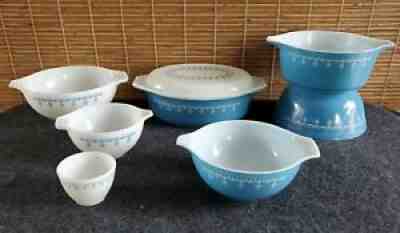 Pyrex Snowflake Garland Blue White 8pc Collection Glass Blower Bowl Casserole