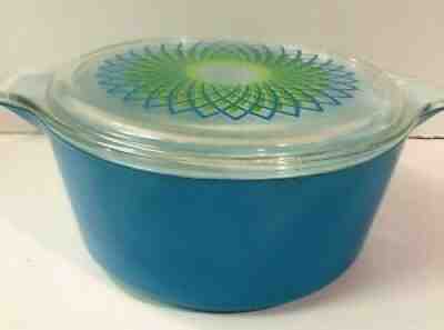 1960 Pyrex Promo Blue Green Spirograph 2.5 QT RD Casserole 475 w/Glass Lid HTF