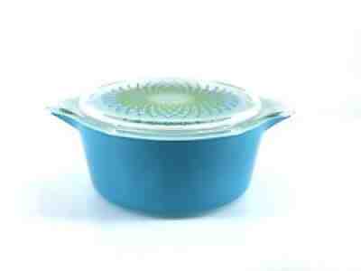 1960 Pyrex Promo Blue Green Spirograph 2.5 QT Casserole 475 w/Glass Lid HTF