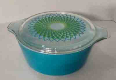 1960 Pyrex Promo Blue Green Spirograph 2.5 QT RD Casserole 475 w/Glass Lid HTF