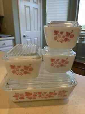 #289 Pyrex GOOSEBERRY Pink White Refrigerator Dishes w/ Lids COMPLETE 8pc Set