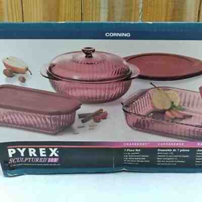 1995 CORNING Pyrex Sculptured Cranberry 7 Piece Bakeware Set - NEW in Box