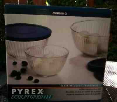 New Pyrex Corning Clear Sculptured Bowls w Blue Lids 6 pcs 3-6-10 cups 1995