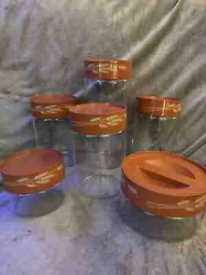 6 Vintage Pyrex Store-N-See Autumn Harvest Wheat Pattern Glass Canisters