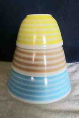 Vintage Pyrex Rainbow Stripes Bowls 403,402,401~Set of 3~Blue, Tan and Pink-RARE
