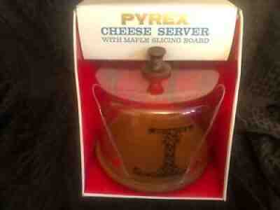Vintage Pyrex Cheese Glass Dome Maple Wood Base Gold Pattern Design - NEW IN BOX