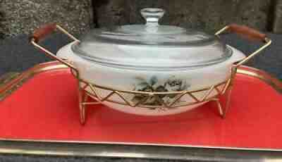 PYREX â? Vintage 1900's " MID-NIGHT ROSE " SERVING BOWL" ROYAL ??CROWN ?  " w/ Holder