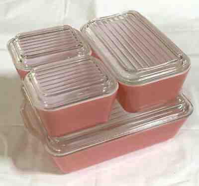 Beautiful 1960s Full Set PINK PYREX Refrigerator Dishes w/Ribbed Lids / 8 Pieces