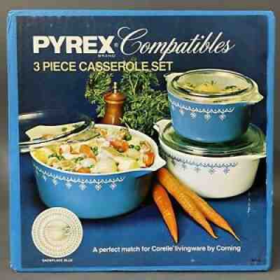 Vintage Pyrex Snowflake Garland 3 Pc Casserole Set w/ Lids New Old Stock 480-2