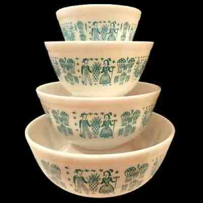 Vintage PYREX Amish Butterprint Turquoise Blue Nested 4 Piece Mixing Bowl Set