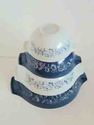 Vtg Pyrex Colonial Mist Blue Daisy Set 4 Nesting Mixing Bowls 441 442 443 444