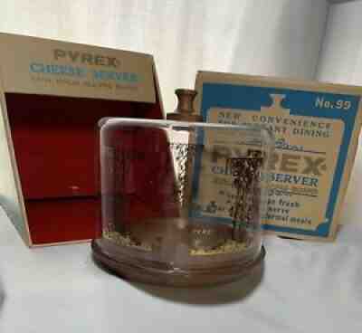1960 Pyrex Glass Dome Cheese Server Birch Slicing Board Gold Pattern NEW IN BOX