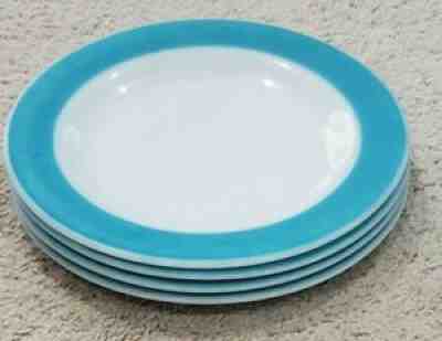 Set of 4 - Vintage Pyrex Milk Glass Dinner PLATES â?? Aqua Blue Rims, 10â?, Estate
