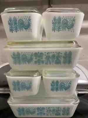 VINTAGE PYREX Turquoise Amish Butterprint Refrigerator Sets 14 Pieces Complete