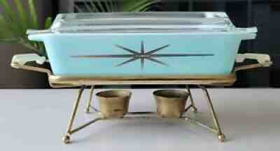 Vintage Pyrex Ultra Rare Atomic Starburst 575 with Lid and Warming Cradle NM