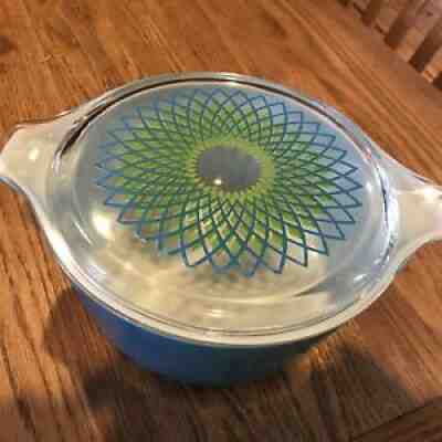 Vintage Pyrex Blue Promo SPIROGRAPH #475 Lid 2 1/2 qt with Lid Rare ,