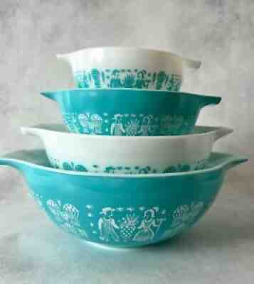VINTAGE PYREX Amish BUTTERPRINT Nesting Cinderella Bowls Turquoise Teal EXC!!