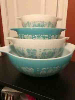 TEAL VINTAGE PYREX Mixing Bowl Set Amish BUTTERPRINT Turquoise Blue White 1960's