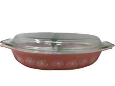 VINTAGE Pyrex Pink Daisy 1.5 quart Divided Casserole Dish with Lid