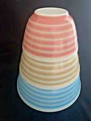 Vintage Pyrex Rainbow Stripes Mixing Bowls Pink 401 Tan 402 Blue 403