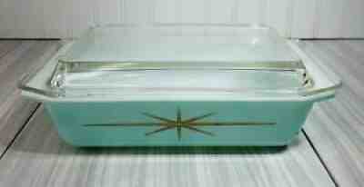 Vintage Pyrex Atomic Turquoise Blue Starburst Dish Pan Casserole 575-B Lid