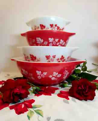 Vintage Pyrex JAJ Rare Coral/Red Complete 4pc Gooseberry Cinderella Bowl Set
