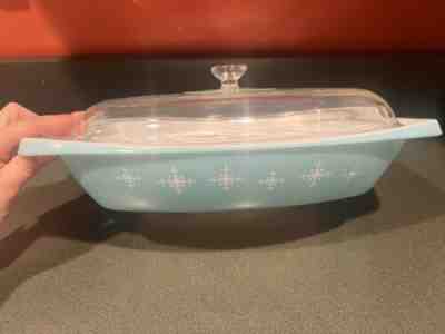 RARE Vtg Pyrex Turquoise Blue Compass Atomic Starburst Oblong Casserole 2.5QT
