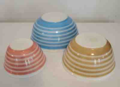 Vintage Pyrex Rainbow Stripes Mixing Bowls Pink 401 Tan 402 Blue 403