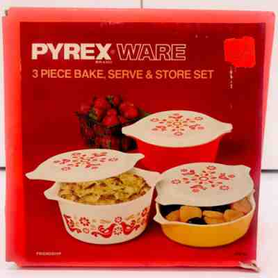 VTG NOS PYREX FRIENDSHIP CASSEROLE SET WHITE LID PENN DUTCH 471 472 473 NIB HTF