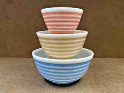 Vintage Pyrex Rainbow Stripes Mixing Bowls Pink 401 Tan 402 Blue 403