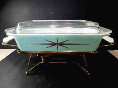 VINTAGE PYREX RARE ATOMIC STARBURST 575CW CASSEROLE with LID & WARMER IN BOX